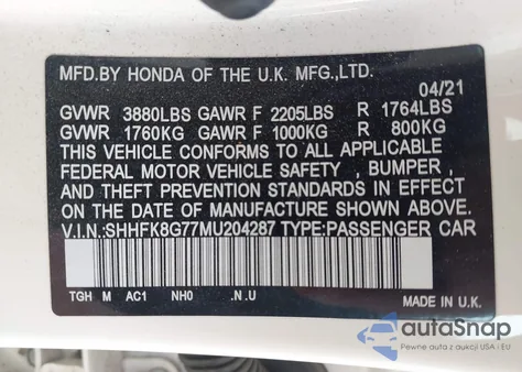 2021 Honda Civic Type R Touring z USA, uszkodzony, nr VIN SHHFK8G77MU204287